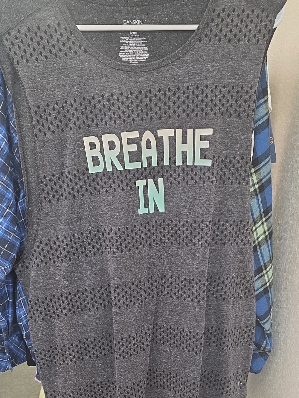 Danskin Dark Gray Sleeveless Tank with Mint 'BREATHE IN' Lettering